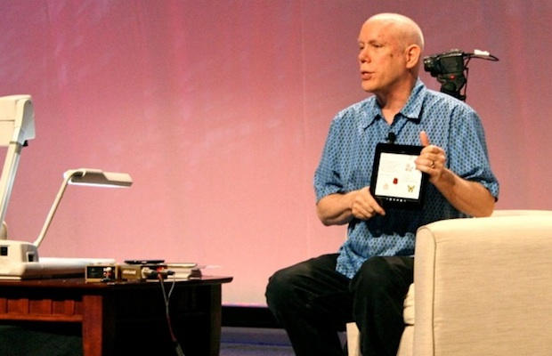 Programming legend Bill Atkinson demoes a mockup of his PhotoCard app at Macworld on a dummy iPad he made for himslef. Photo: Leander Kahney.