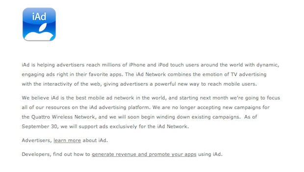 Quattro homepage: iAds-only starting Sept. 30.