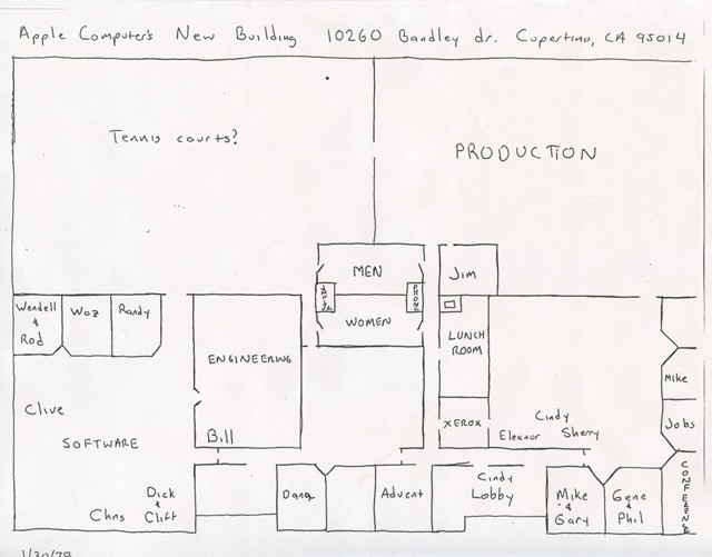 Bandley 1 floor plan, drawn by Apple Computer employee Chris Espinosa