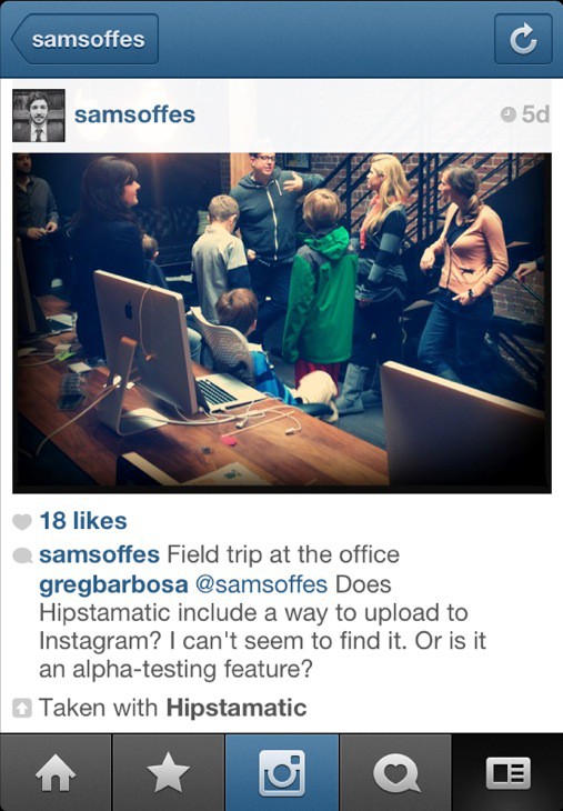Lead Hipstamatic iOS engineer Sam Soffes sends a pic to Instagram