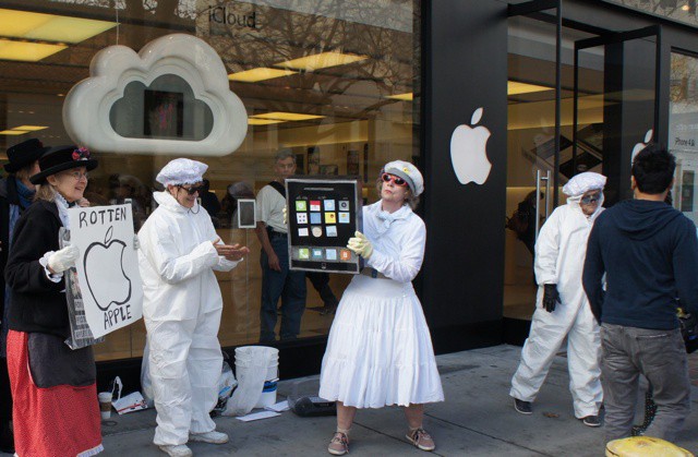 Raging Grannies protest outside the Palo Alto store Feb. 13