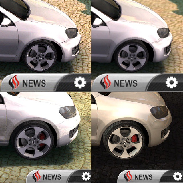 Real Racing, as rendered in pixel-doubled and HD versions on the iPad 2 and new iPad. Screen shots Touch Arcade