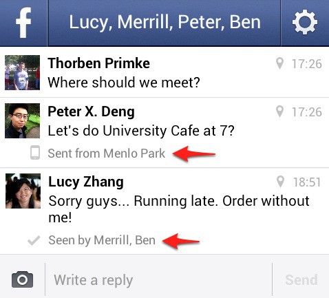 Facebook Messenger's new read receipts and location info in action