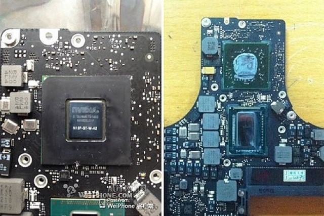 Apart from a new graphics chip, this MacBook Pro logic board looks exactly like the old one.
