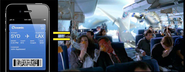 On the left, a ticket in iOS 6's new app, Passport. On the right, the horrific plane crash from Lost. Both are the same flight.