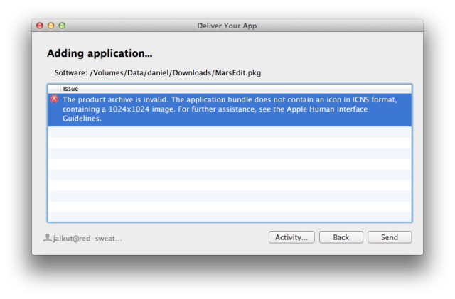 This is what happens if you try to submit a Mac app without a 1024x1024 icon.