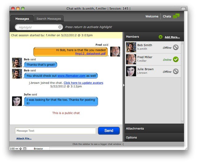 FMChat add chat/messaging features to FileMaker database.