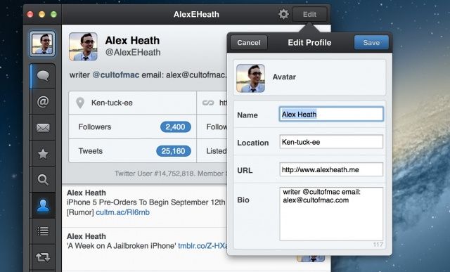 You can now edit your Twitter profile info inside Tweetbot for Mac.