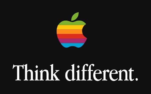 Image of a multicolored Apple logo with the phrase 