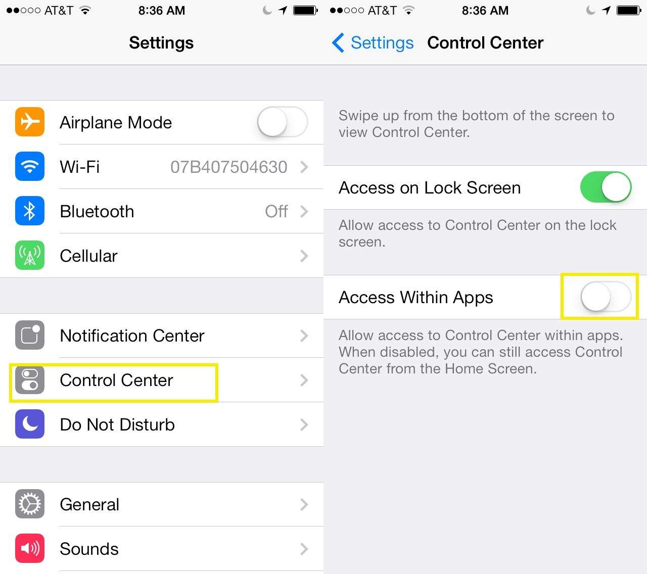 Control Center Settings
