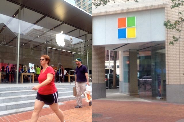 Microsoft may be headed for a smackdown in Manhattan. The maker of all devices PC is reportedly laying ground for a retail outlet just six blocks from Apple's Fifth Avenue store, one of the most photographed landmarks in New York. And a glistening cube that rakes in more than the sparklers at nearby Tiffany & Co.

If Redmond had only taken note from what happens in Oregon: here's our totally unabashedly unscientific pictorial take on Apple and Microsoft stores in downtown Portland. 

All photos: Nicole Martinelli/Cult of Mac