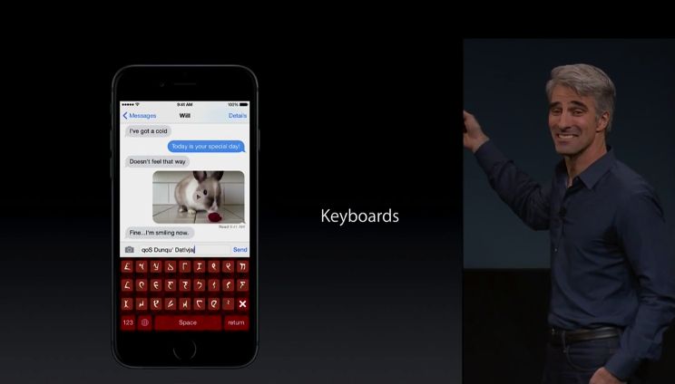 Craig Federighi a.k.a. Hair Force One takes a moment to talk about third-party Klingon keyboards at last week's iPad launch. Photo: Apple