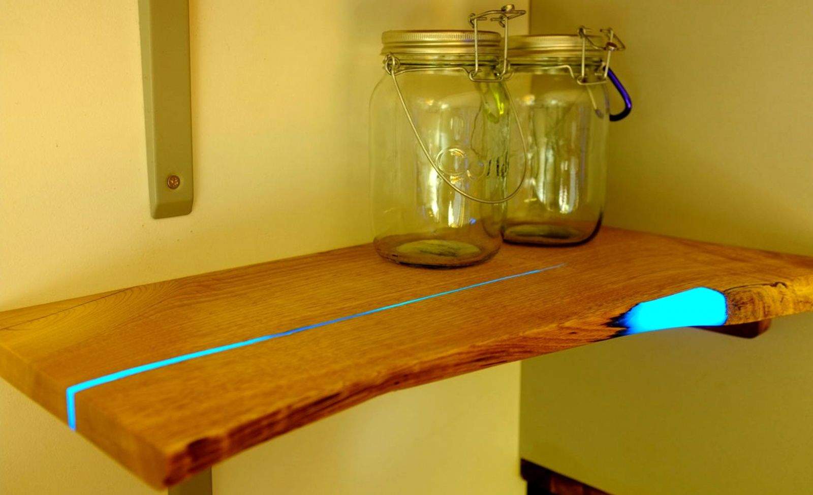 Mat Brown mixed glow-in-the-dark pigment with resin to fill in the cracks on this shelf. (Photo by Mat Brown)