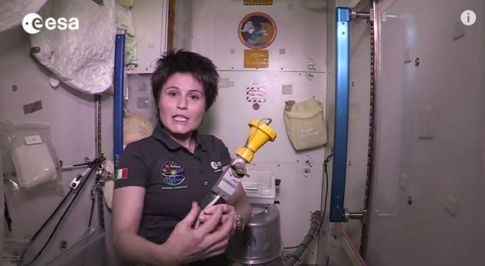 Astronaut Samantha Cristoforetti took time out from her work aboard the International Space Station to explain how astronauts go to the bathroom in zero gravity. Photo: ESA/YouTube
