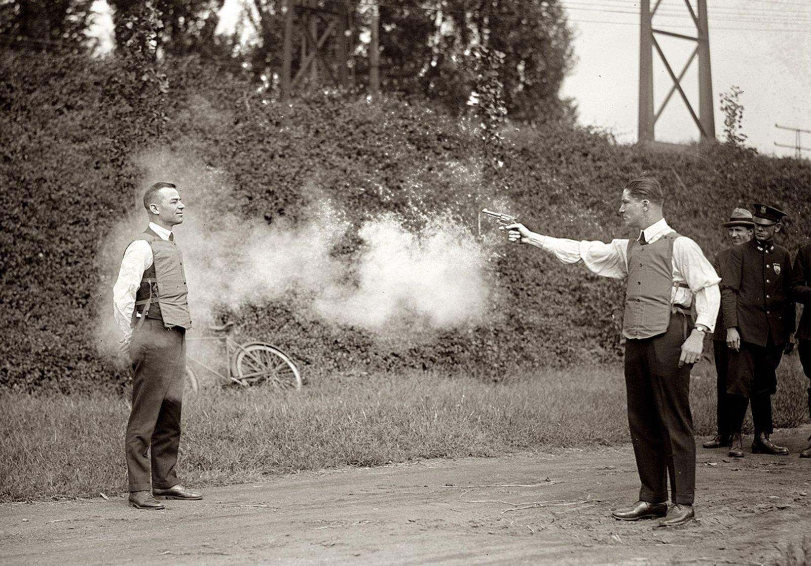 A test of a bulletproof vest in Washington D.C. in 1923.