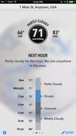 Dark Sky 5.0 displays 24-hour forecasts in a new timeline.