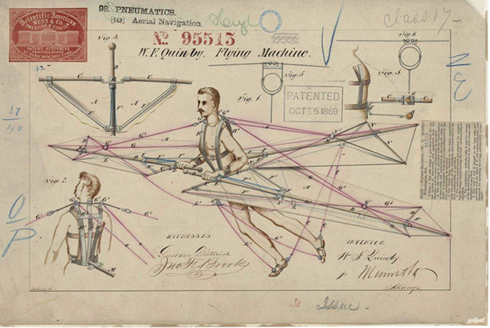 A flying machine from the 1860s drawn with shading, colors and detail not seen in today's patent illustrations.