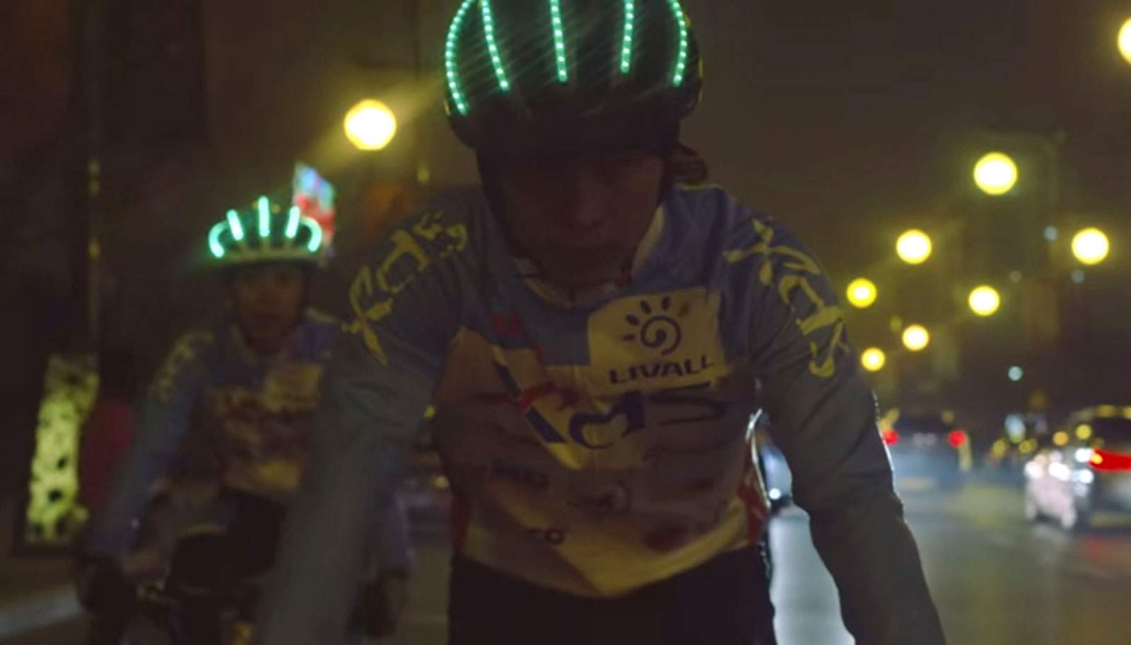 The Bling helmet by LIVALL features LED lights for turn signals and night riding along with Bluetooth speakers for safe phone calls and music listening.
