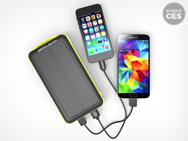The SolarJuice 20,000 mAh portable battery can charge two devices at once, powered by a wall outlet or the sun.
