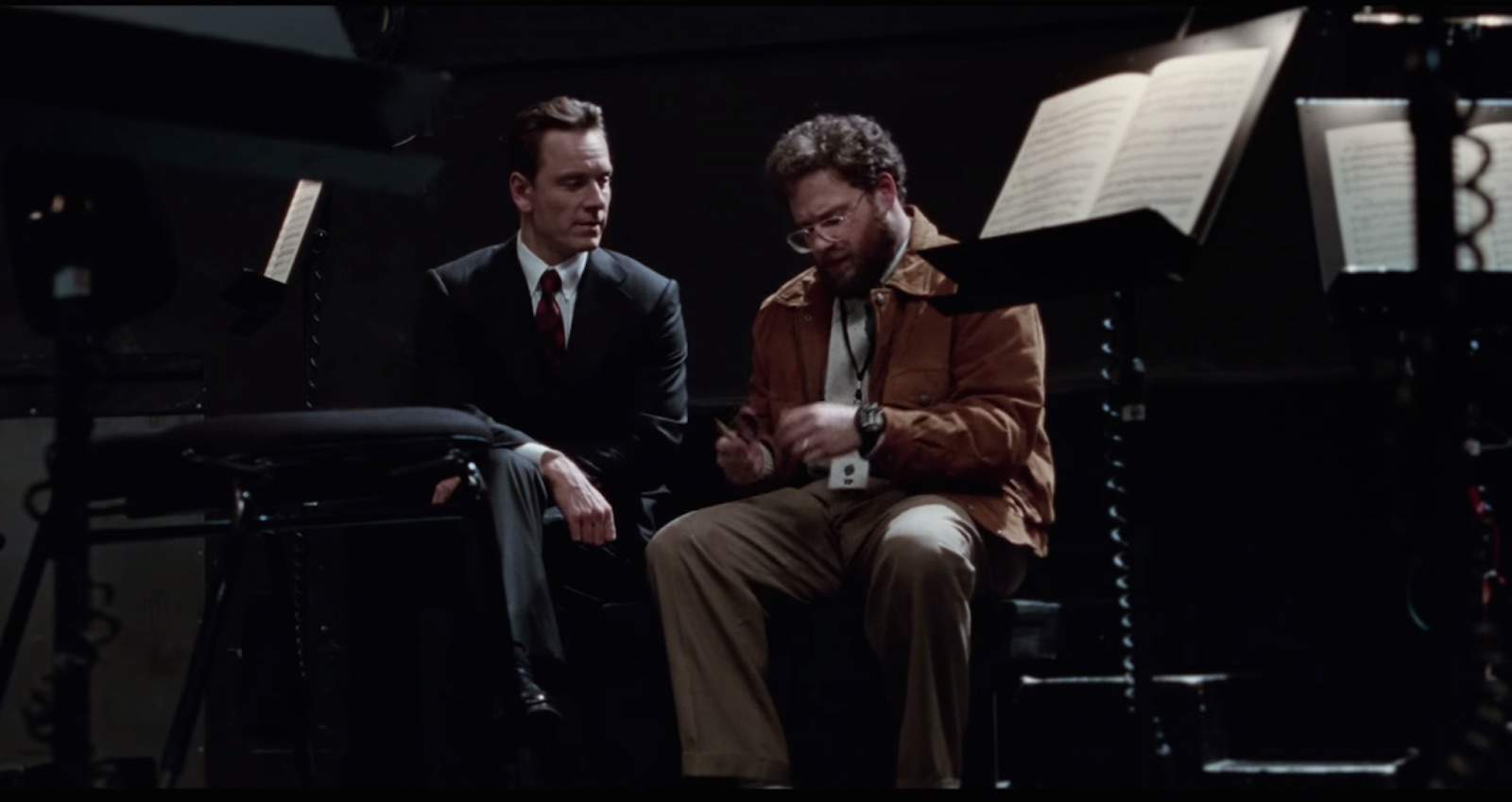 Steve Jobs (played by Michael Fassbender) and Steve Wozniak (Seth Rogen) before a NeXT keynote in a scene from Steve Jobs.
