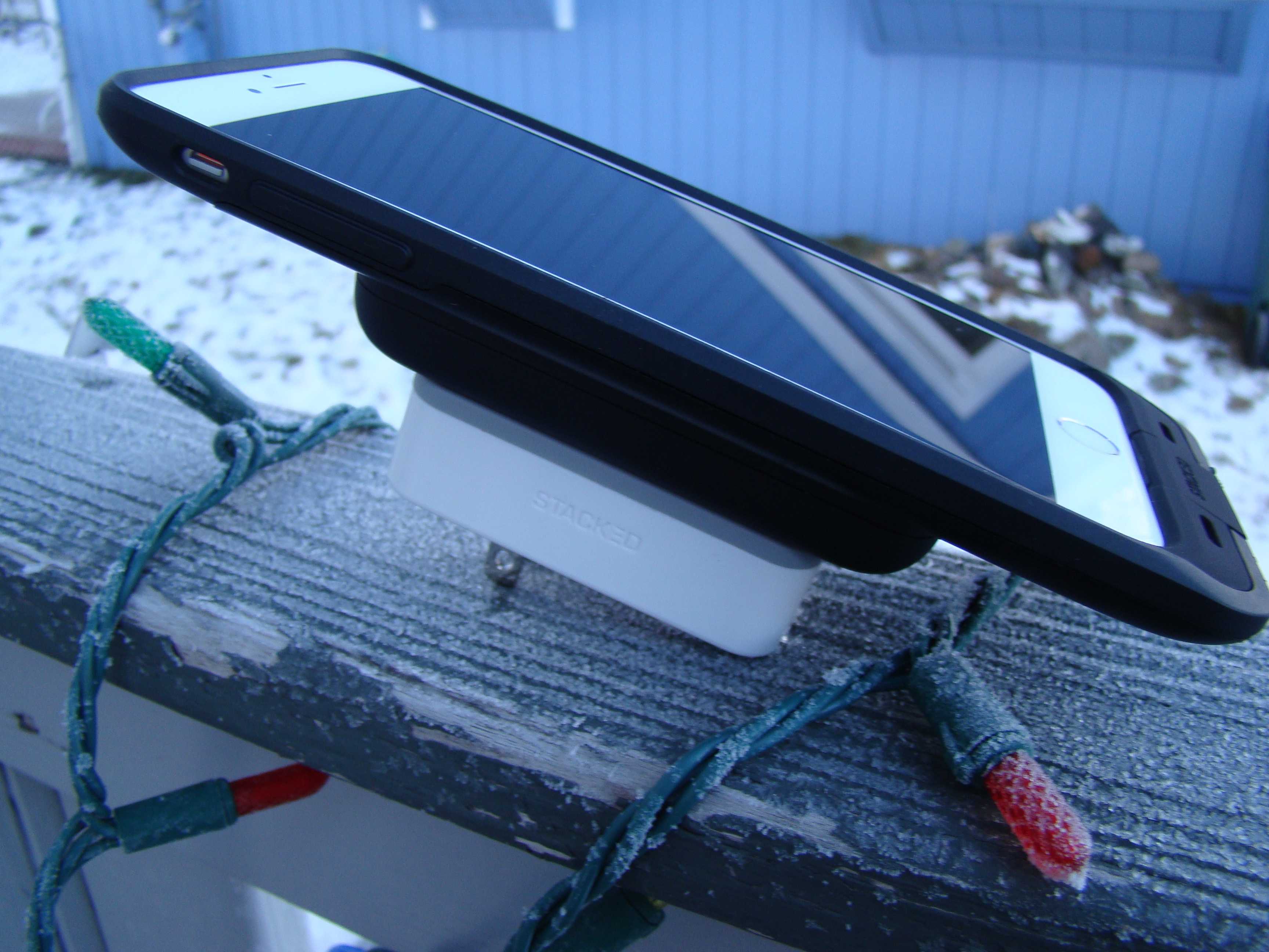 Wall charger, battery pack, iPhone case all stacked up and ready to go.