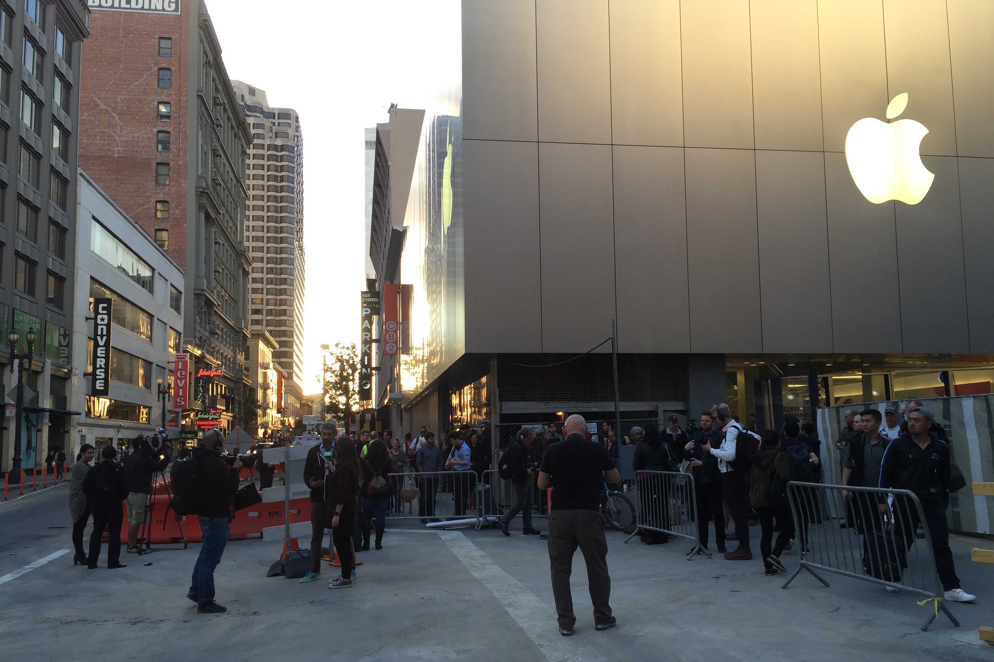 Protesters gather around the Apple Store in downtown San Francisco.