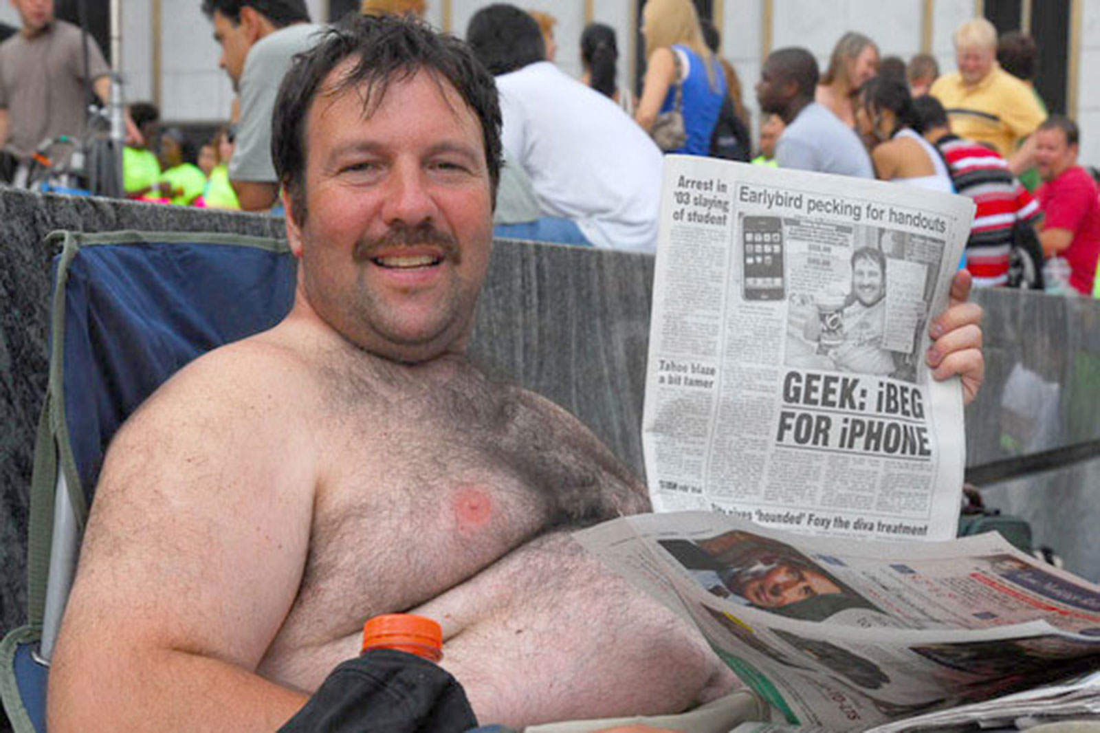 Greg Packer is described as a professional line-sitter with a knack for getting publicity. He often can be found at or near the front of the line at the Fifth Avenue Apple Store in New York City whenever a new iPhone is about to go on sale.