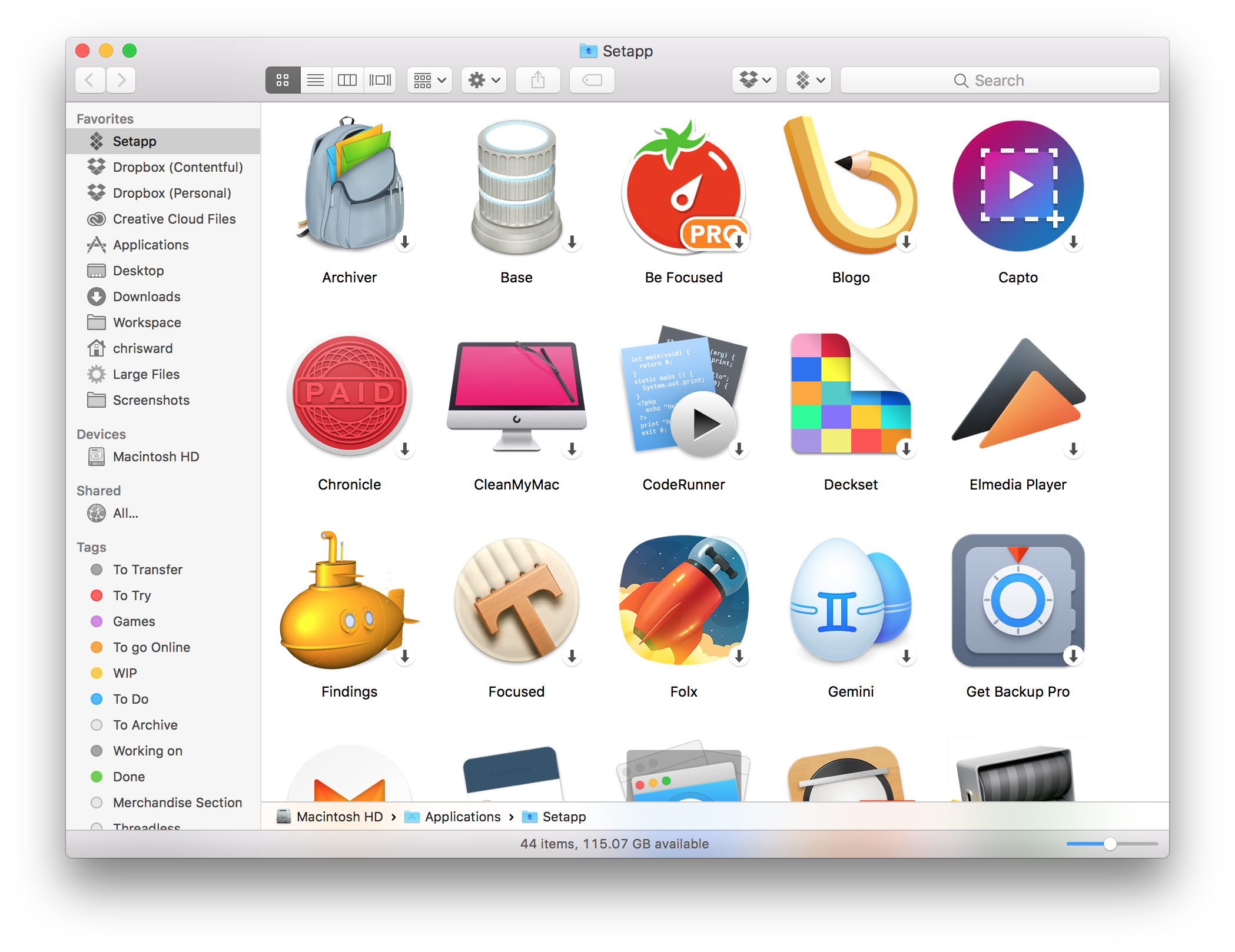 The Setapp folder full of applications