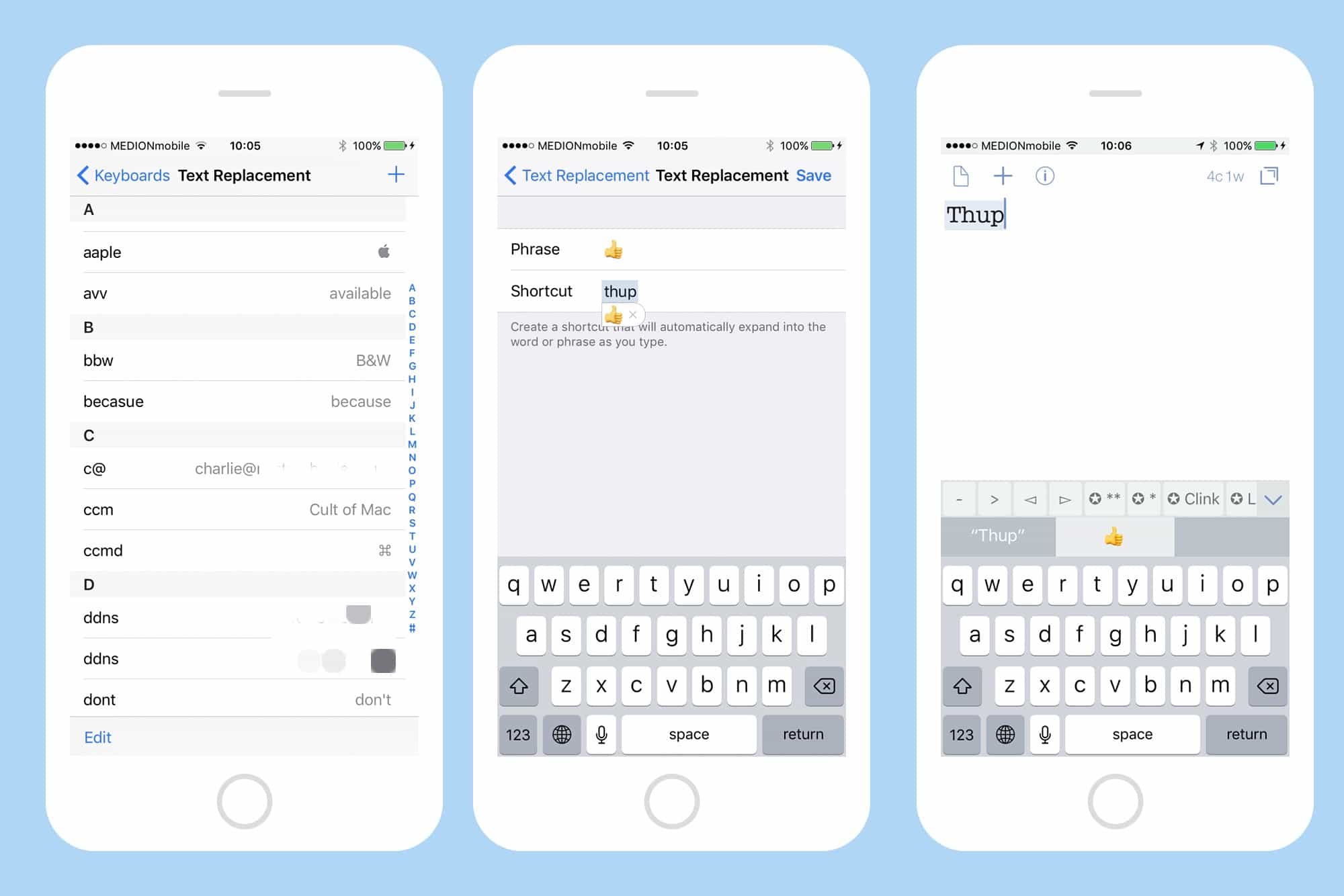 Text Replacement shortcuts in iPhone