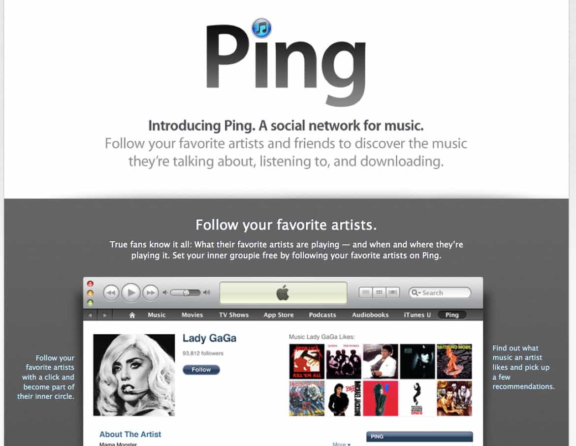 Screenshot of Apple webpage for its Ping social music network, which launched with iTunes 10