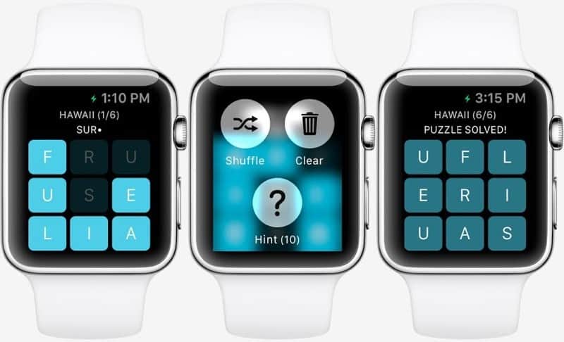 Three images show Letterpad, one of the first Apple Watch games.