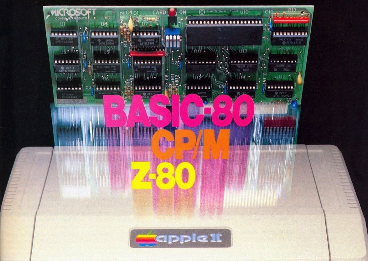 Promotional image for the Microsoft Z-80 SoftCard, the company's first hardware product, worked with the Apple II computer.