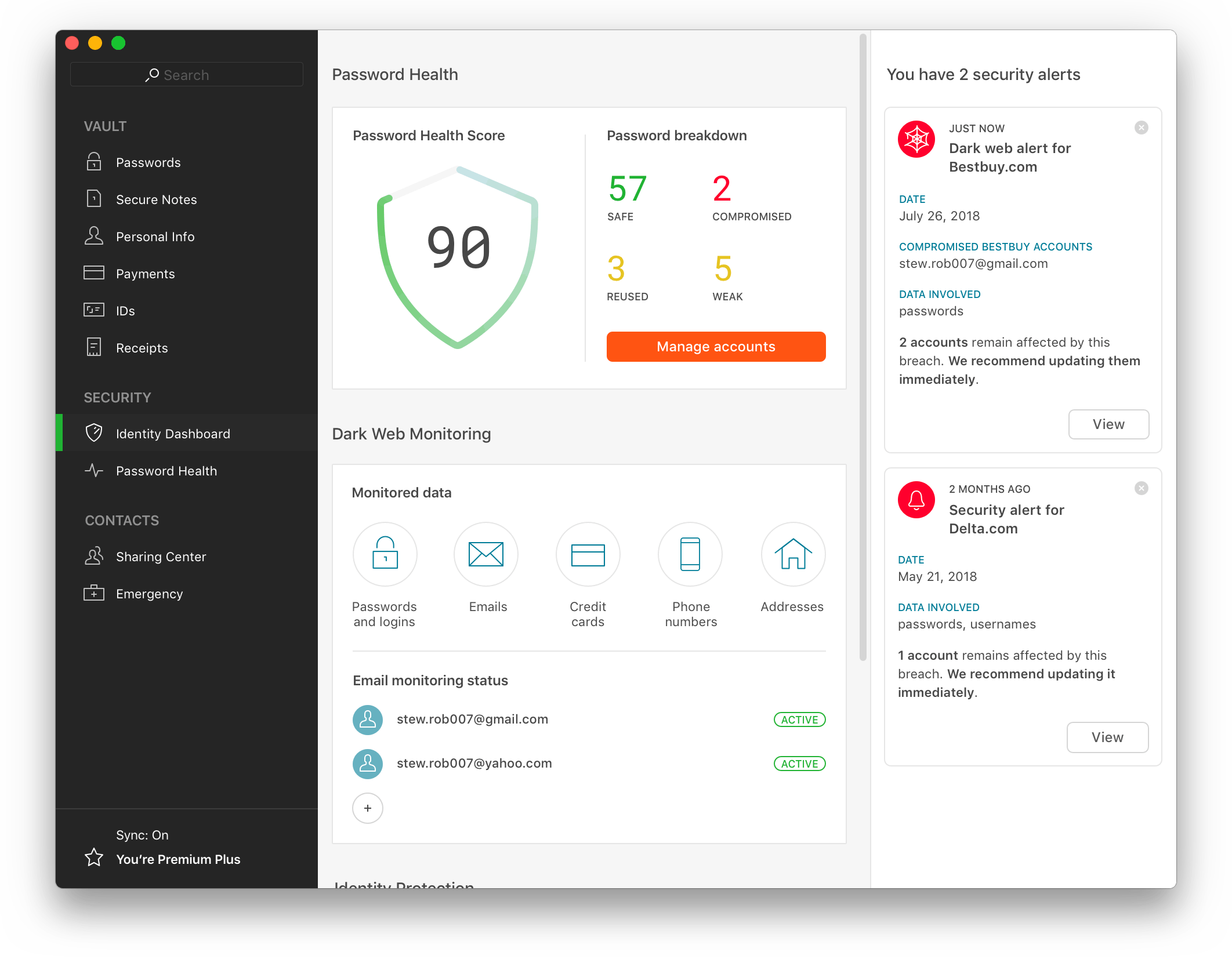 Dashlane 6 identity protection dashboard