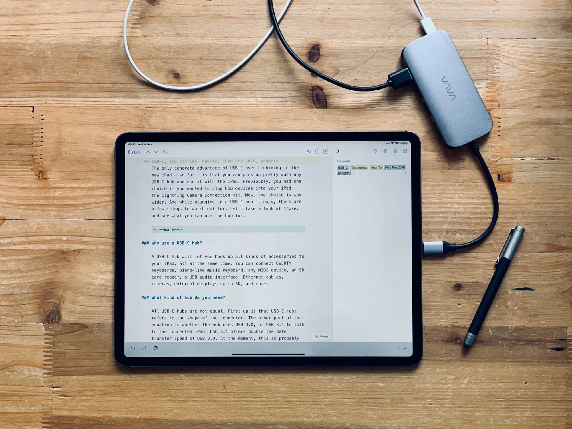 Any USB-C hub will work with your iPad Pro, but they all have really short cables.