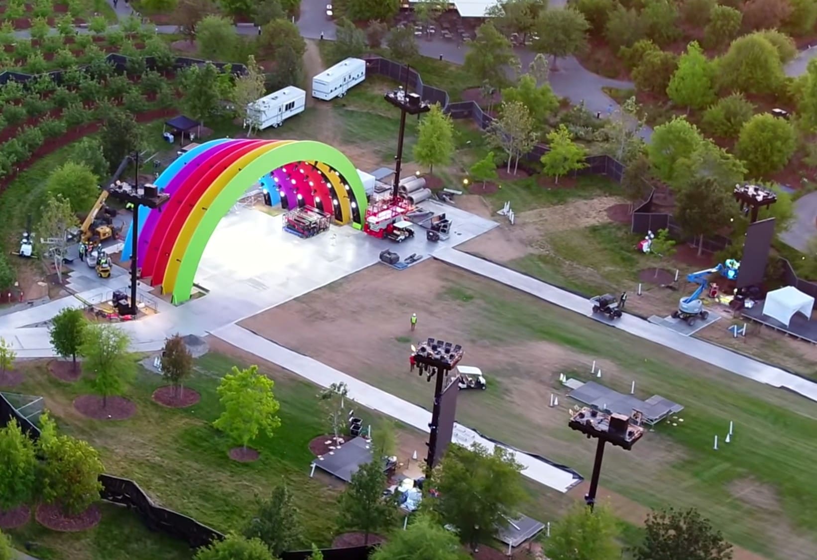 The colorful Apple Stage really pops in the center of Apple Park.