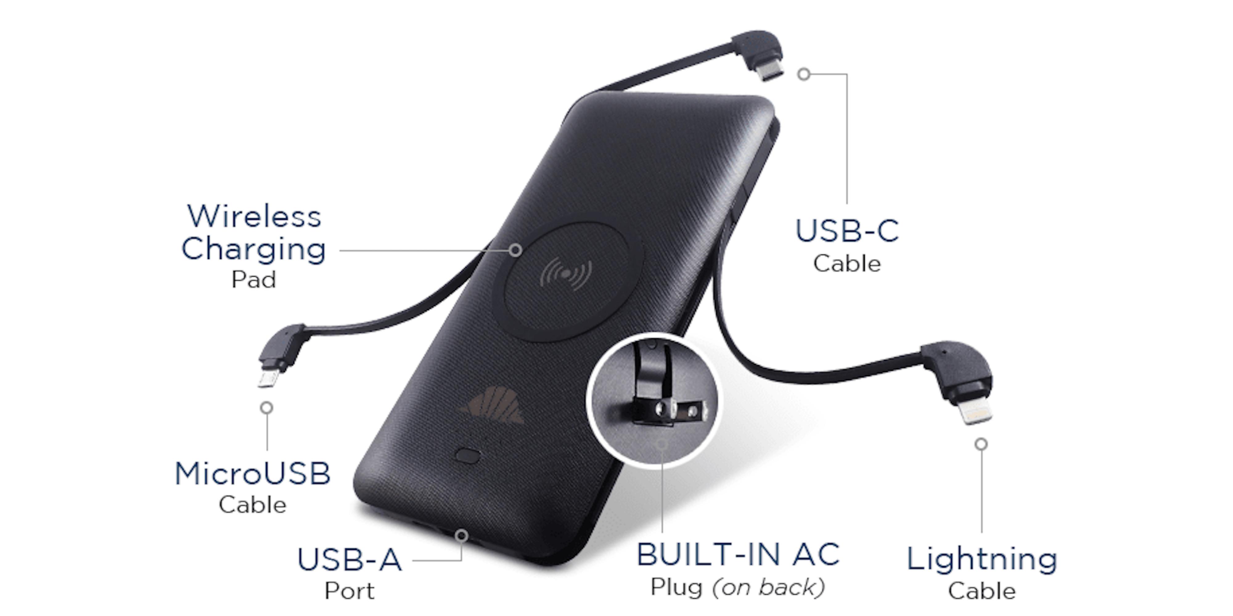 This one power pack plugs straight into the wall, and can charge via microUSB, USB-C, Lightning, or Qi-wireless.