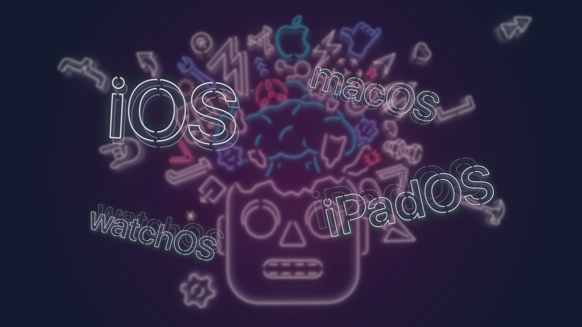 Exploding neon robot head with Apple OSes flying out