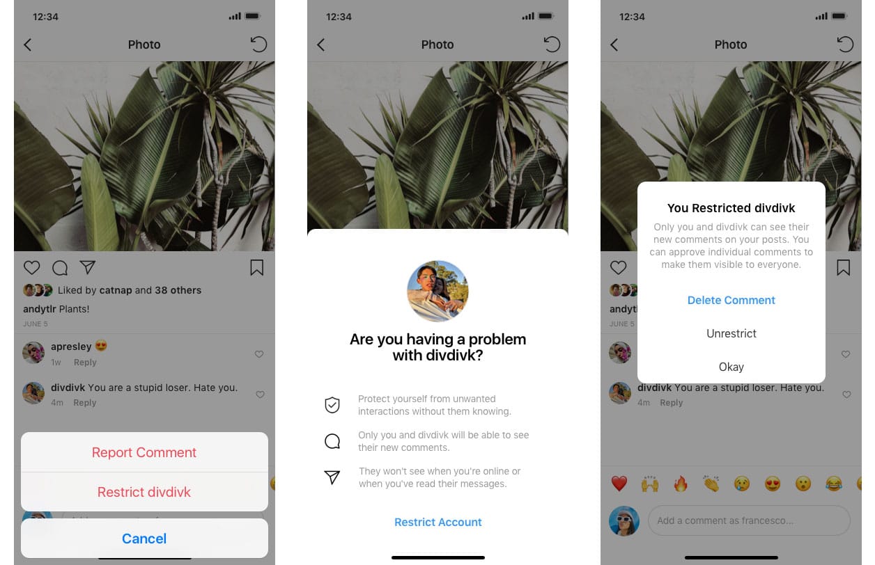 a same of how Instagram's Restrict tool will work