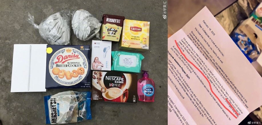 Apple employees stuck in China by the COVID-19 coronavirus get a care package.