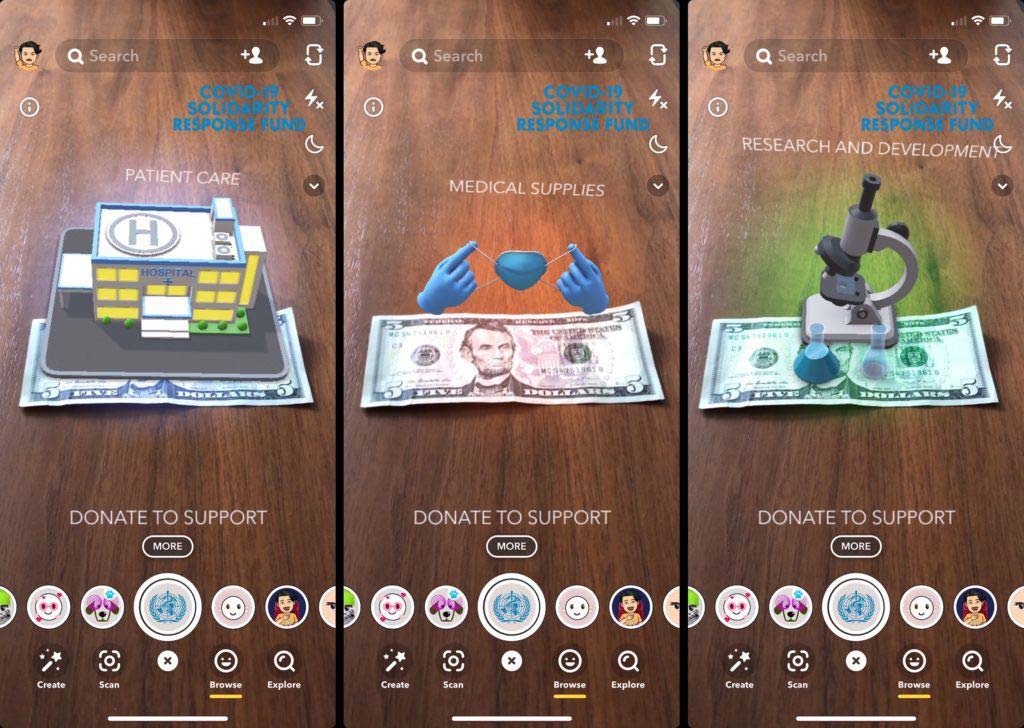 Snapchat screen shots for COVID-19 donations