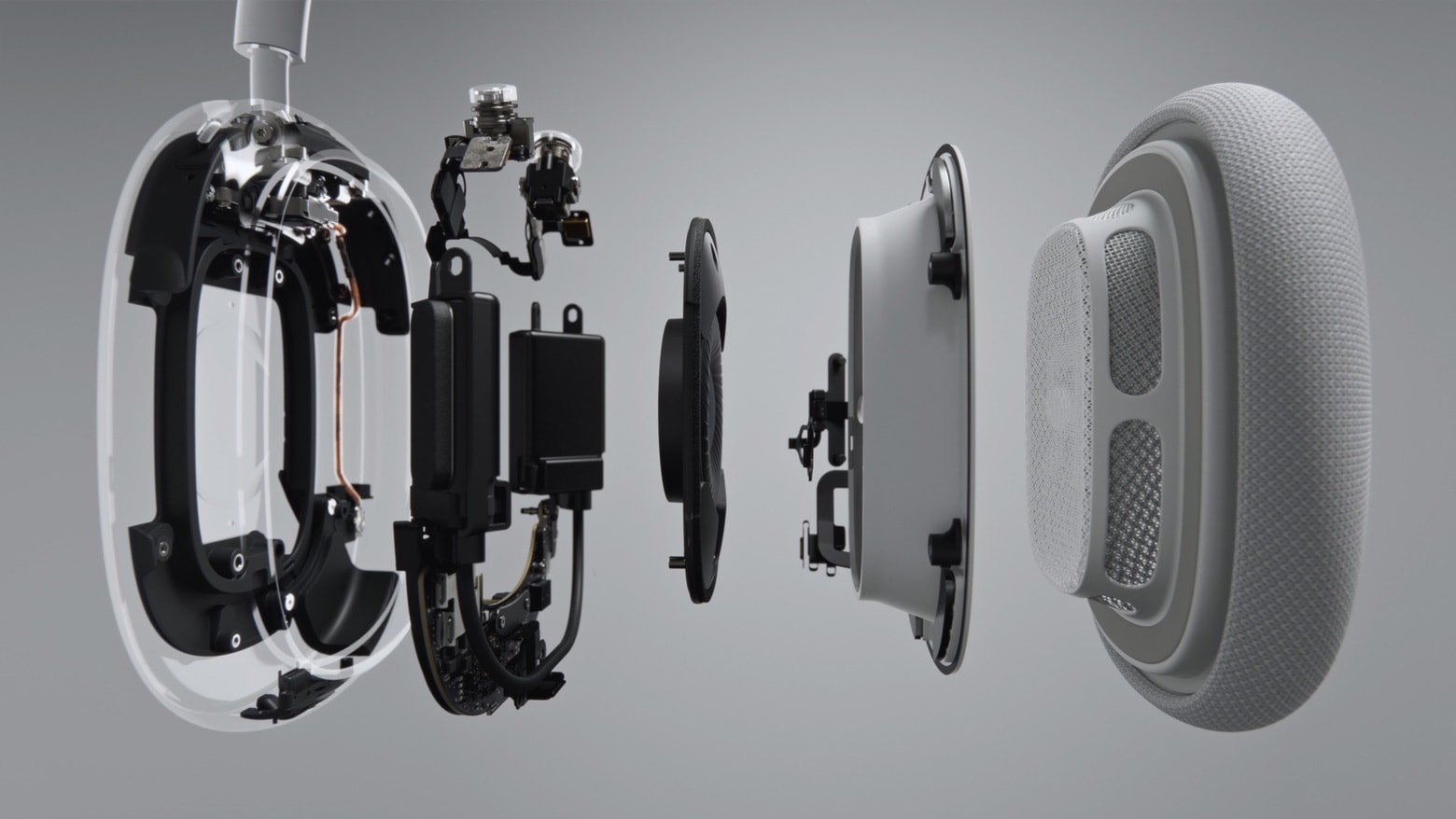 Internal components of AirPods Max spaced out horizontally.