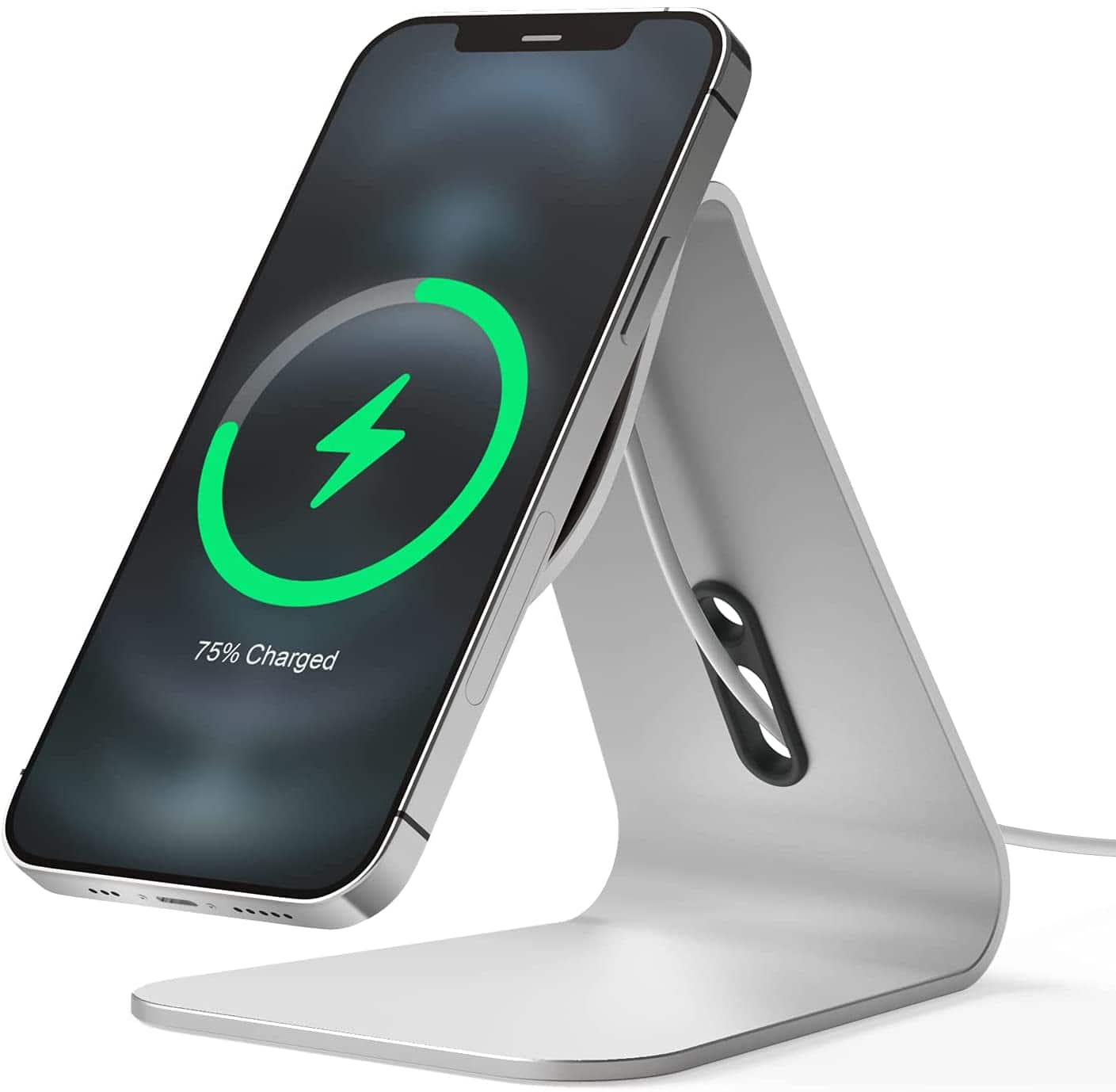 The Elago MS4 charging stand, shown in silver, is compatible with MagSafe and helps unclutter your cables.