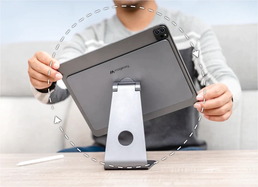 Mount your iPad on the stand magnetically and rotate and tilt it as much as you want.