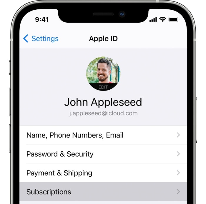Click on your Apple ID in Settings to get to your Subscriptions.
