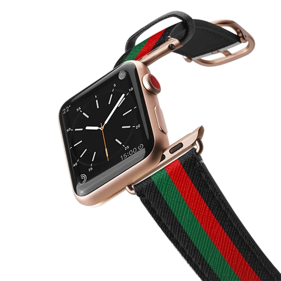 Made from vegan Saffiano leather, the band features chic stripes.