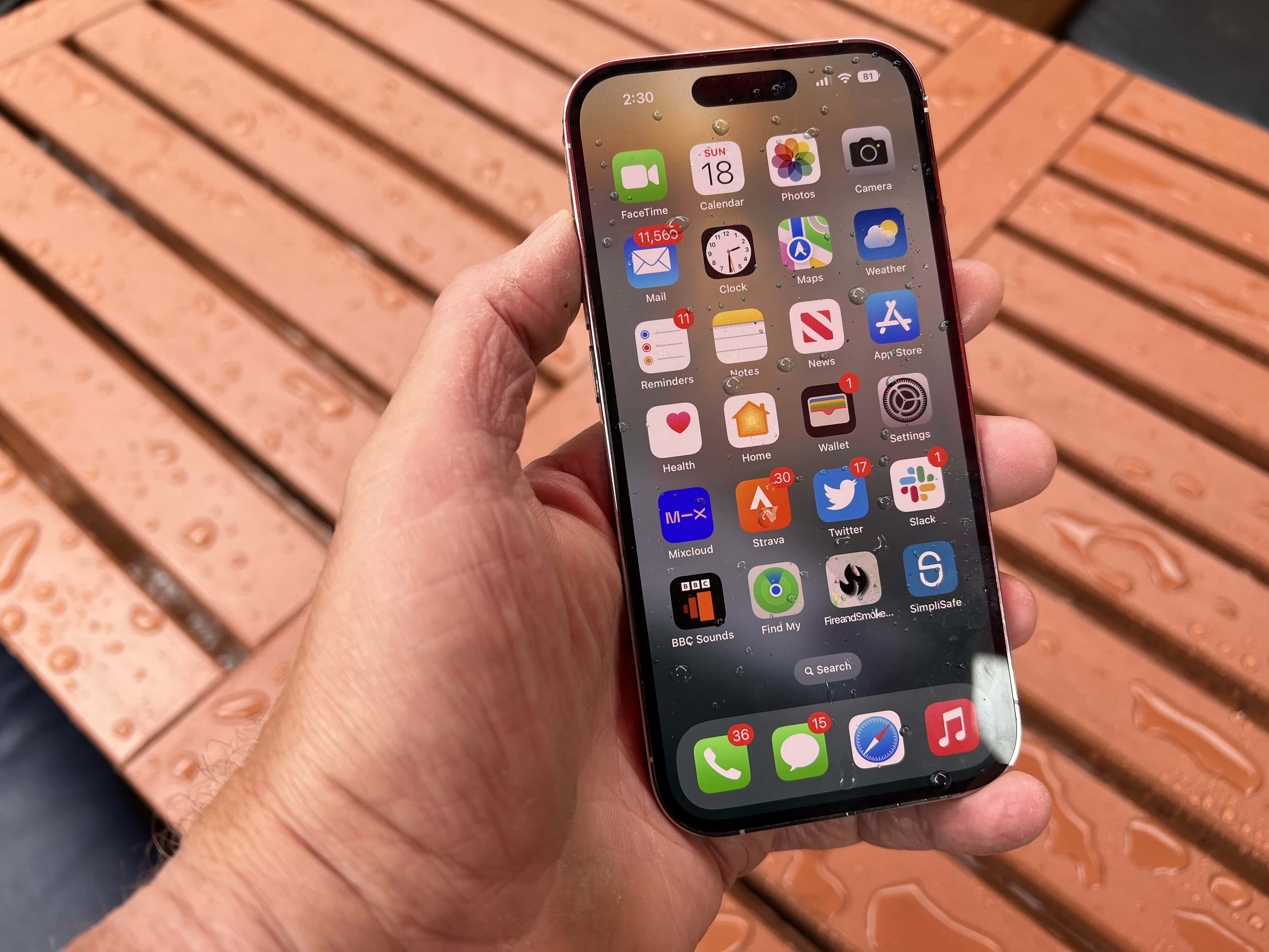 iPhone 14 Pro held above a wet picnic table