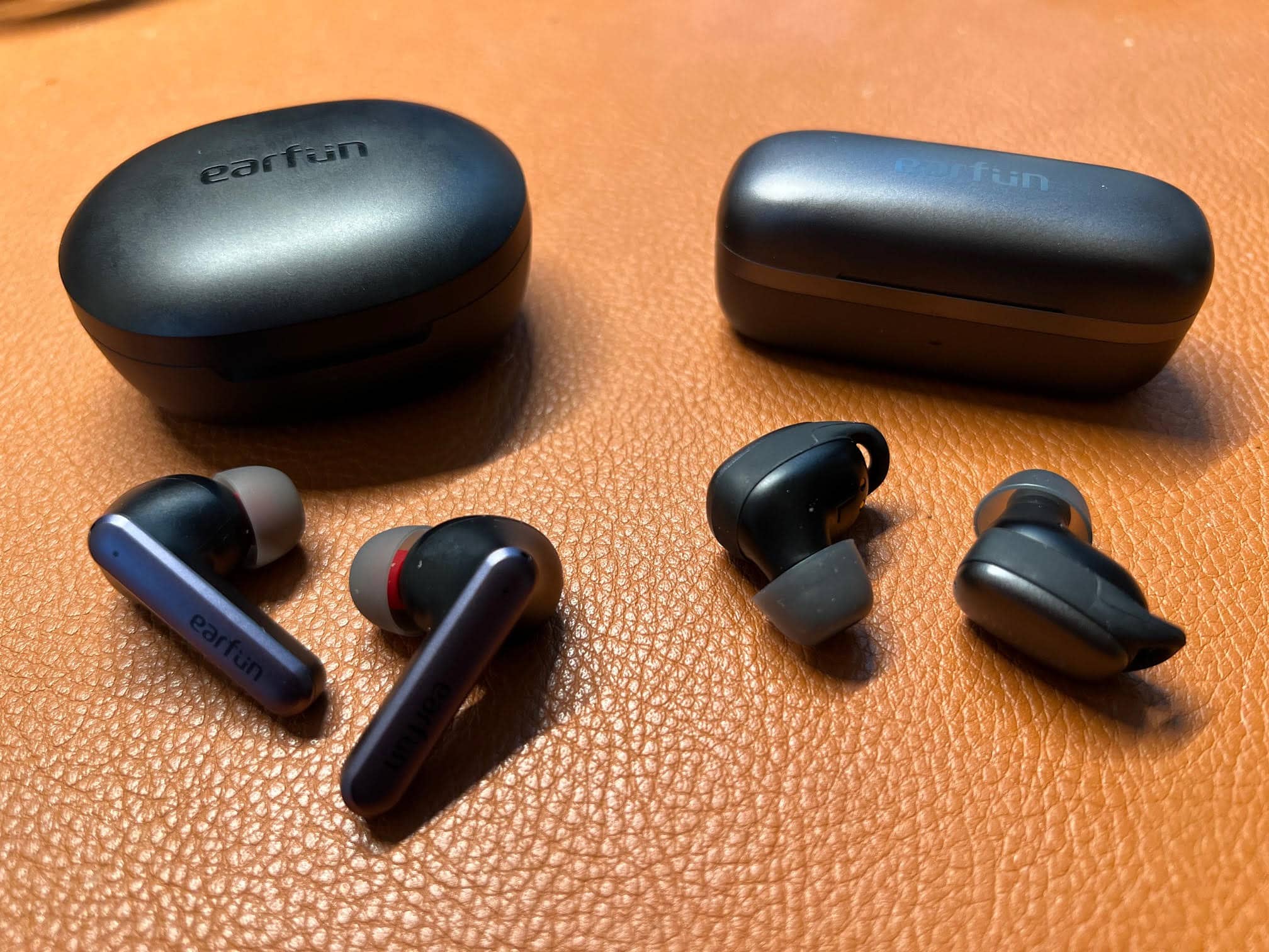 EarFun Air S, left, pictured alongside the stemless EarFun Free Pro 2.