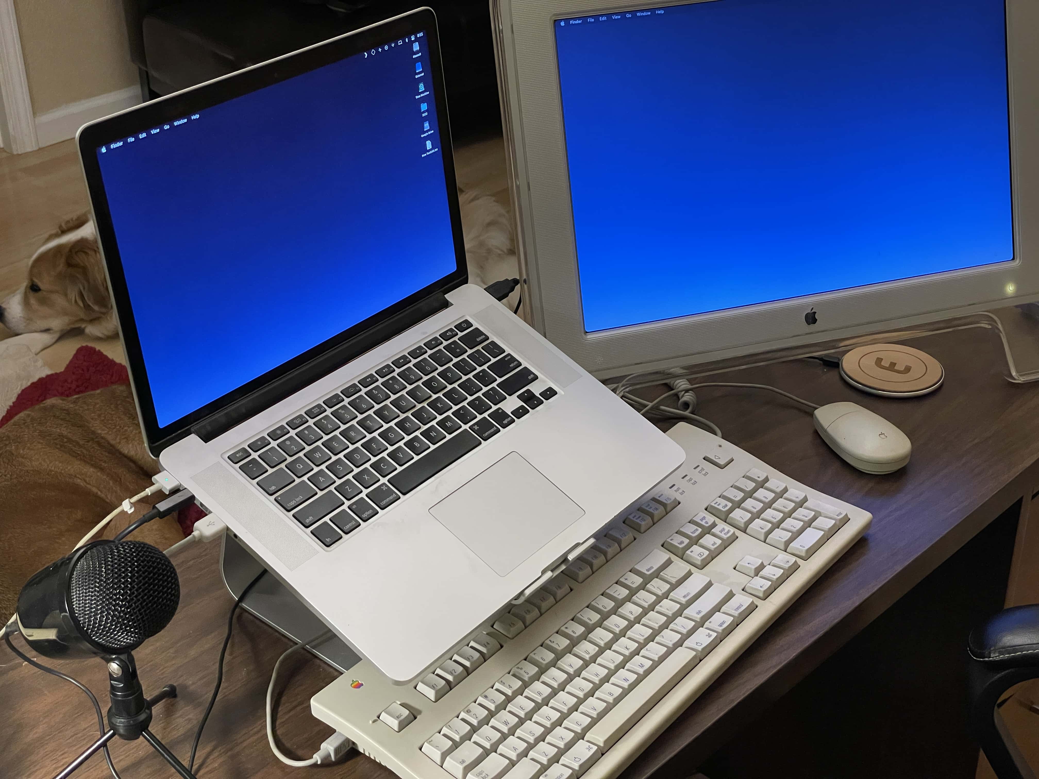 Extended Keyboard II and ADB Mouse II connected to my MacBook Pro and Cinema Display