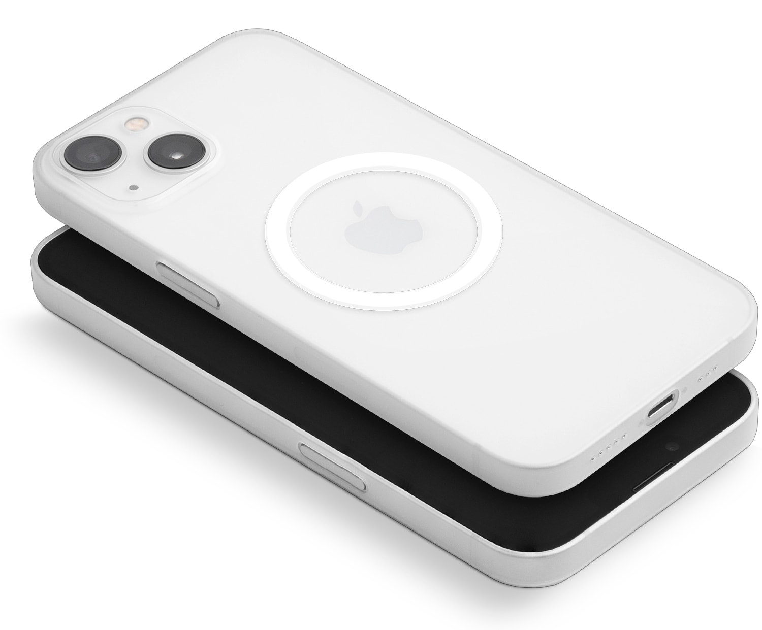 The thin and light MagSafe case comes in solid black or frosted clear (shown in photo) colors.