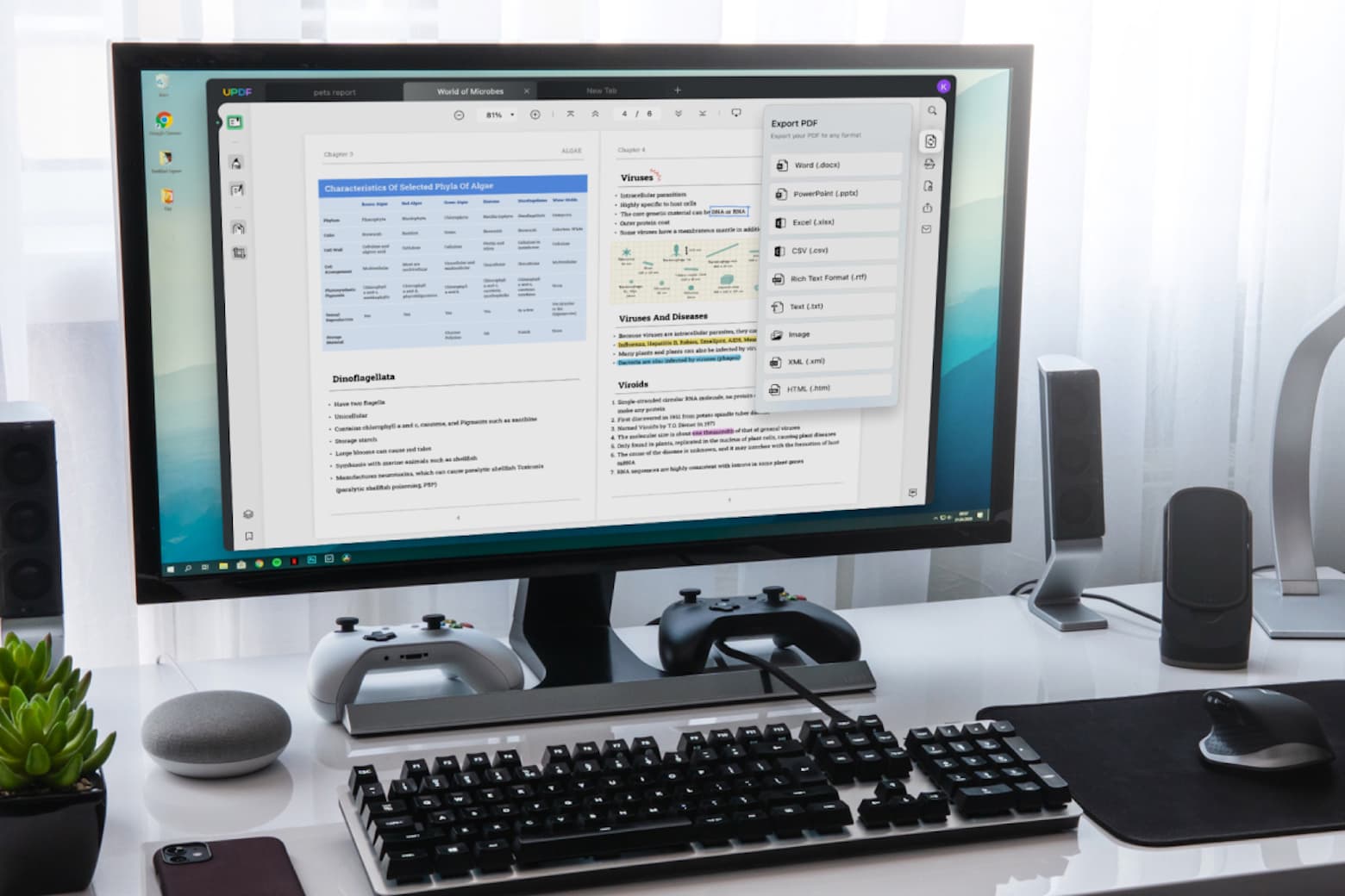 Photo of a computer with UPDF Pro PDF etiro on the screen, with a keyboard and other accessories on the desk.